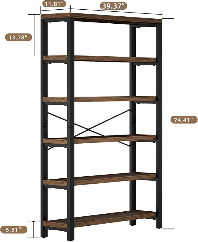 6-Tier 39.37" Wide Heavy Duty Bookshelf, Industrial Wood and Metal Bookshelf, Vintage Bookcase with Lock Wall Design, Living Room Shelf, Rustic Brown