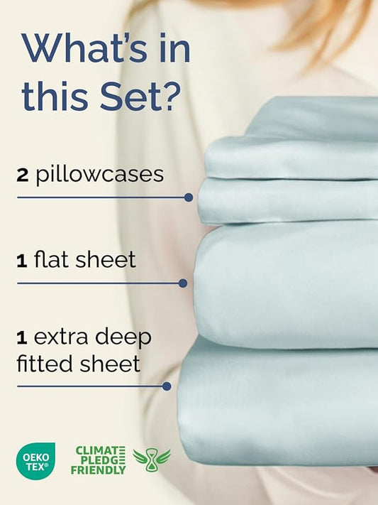 Extra Deep Pocket Queen Sheet Set - 4 Piece Breathable & Cooling Bed Sheets - Hotel Luxury Sheet Set - Soft, Wrinkle Free and Comfy - Easily Fits Extra Deep Mattresses - Deep Pocket Ice Blue Sheets