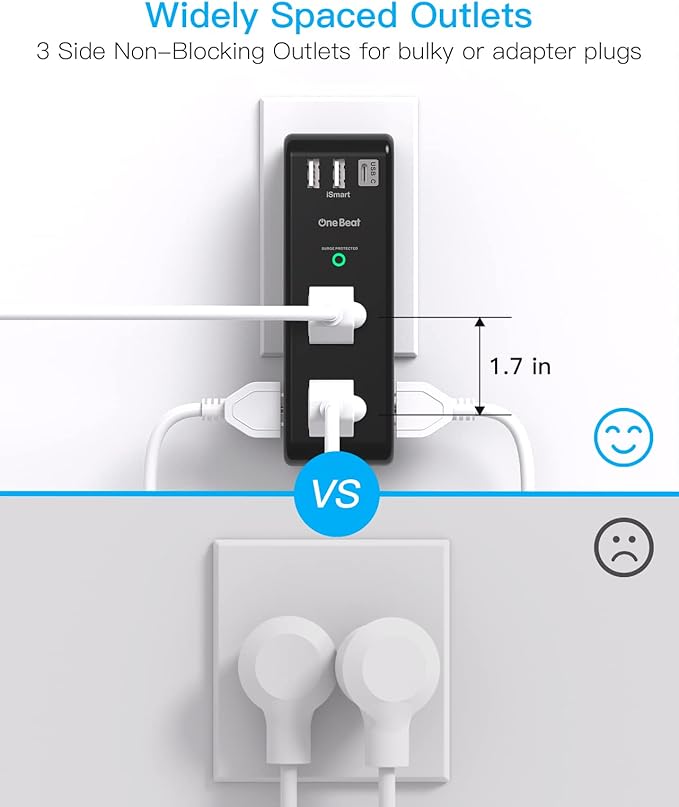 Surge Protector Outlet Extender with Rotating Plug, 6 AC Multi Plug Outlet with 3 USB Ports (1 USB C), 1800 J, 3-Sided Swivel Power Strip with Spaced Outlet Splitter for Dorm Office, Black-2 Pack