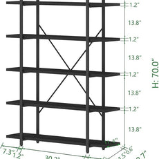 HSH 5 Tier Tall Black Bookshelf, Wood and Metal Storage Book Rack, Industrial Modern Etagere 5 Shelf Bookcase, Large Wide Open Display Book Shelf for Bedroom Living Room Office, Bookshelves Heavy Duty