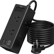 10Ft Extension Cord Flat Plug Power Strip - Tcstei 3-Side Outlet Extender with 6 AC Outlets and 3 USB Ports (1 USB C), Compact for Home, Office, Dorm Room Essentials, Black