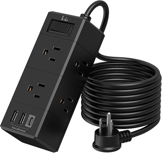 10Ft Extension Cord Flat Plug Power Strip - Tcstei 3-Side Outlet Extender with 6 AC Outlets and 3 USB Ports (1 USB C), Compact for Home, Office, Dorm Room Essentials, Black