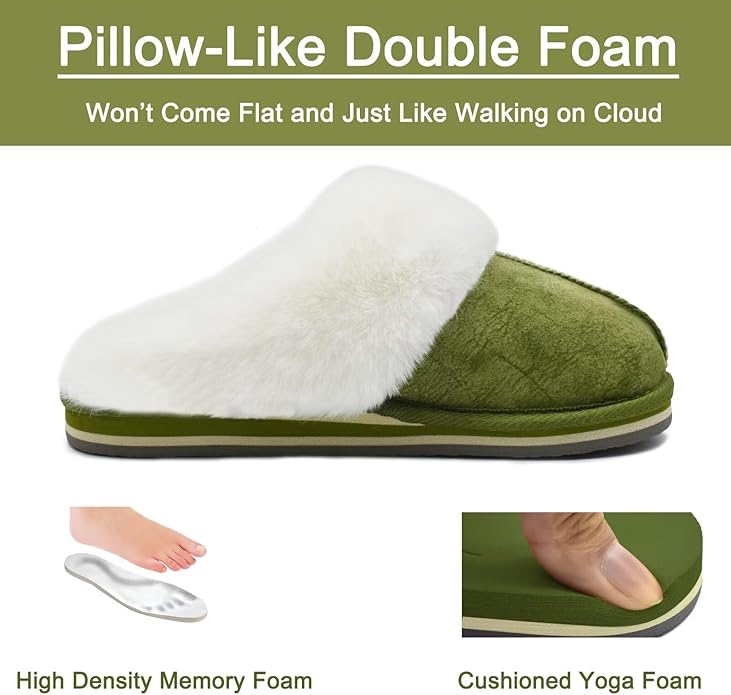 KuaiLu Womens Fluff Dual Memory Foam Slippers Ladies Cozy Arch Support Warm Scuff Slippers Slip on Comfy Winter House Shoes with Non-Slip Indoor Outdoor Hard Sole