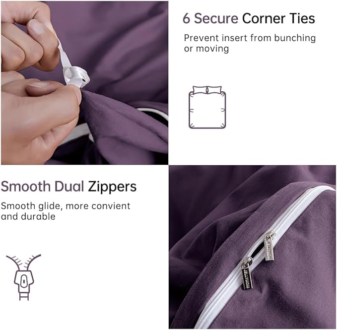 JELLYMONI Purple Duvet Cover King Size - 100% Washed Cotton Linen Like Textured Comforter Cover, 3 Pieces Lightweight Soft Bedding Set with Zipper Closure (Purple, King 104"x90")
