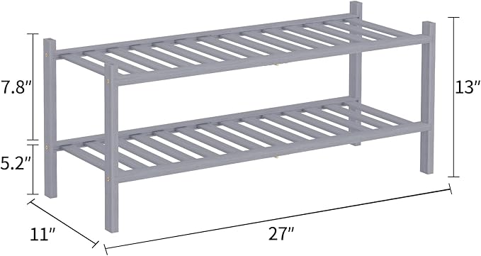 RONGJlA 2 Tier Bamboo Shoe Rack for Closet Free Standing Wood Shoe Shelf Storage Organizer for Entryway Small Space Stackable, Grey