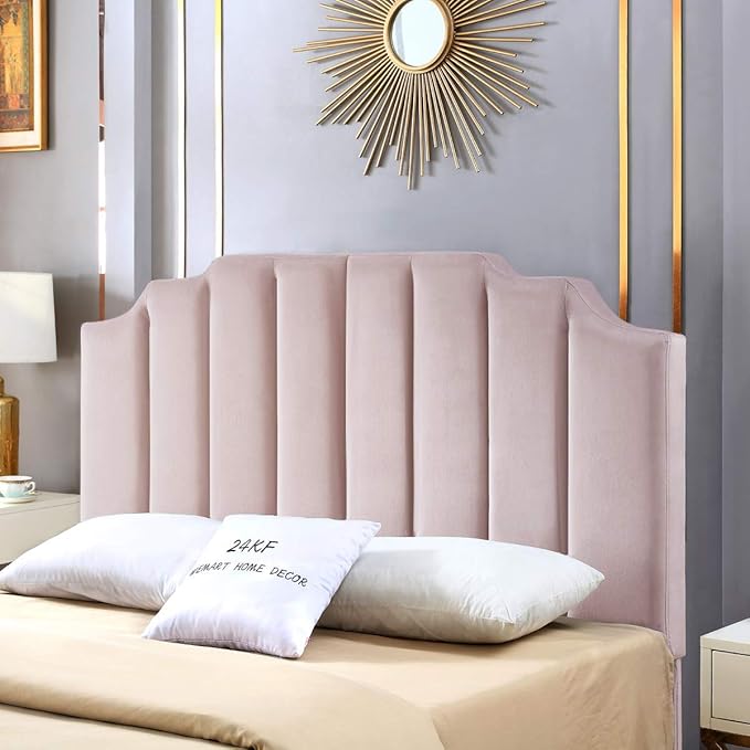 24KF Pink Velvet Tufted Queen Upholstered Headboard, Modern Vertical Channel Design California Queen/Full Headboard with Stepped Silhouette Top Edge, 6026-Q-New Pink