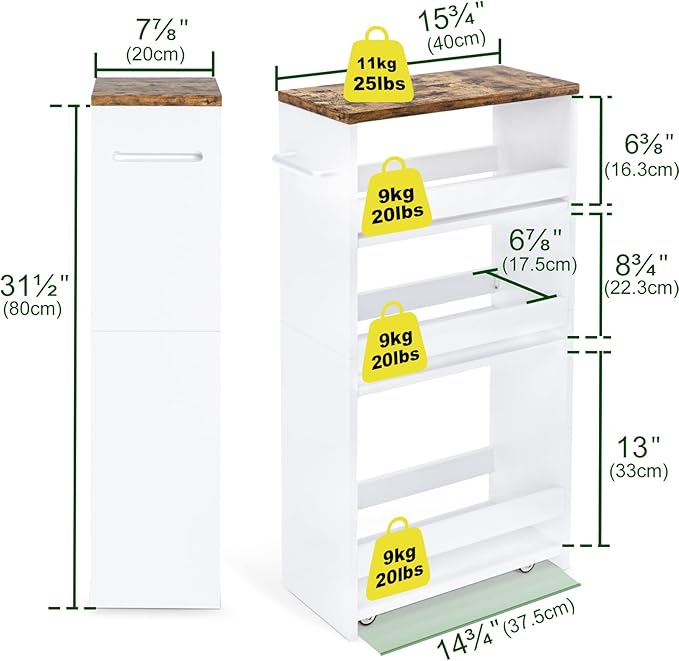 TEAMIX 4 Tier White Slim Storage Cart with Handle, 7.9''W Slide Out Storage Rolling Utility Cart Mobile Shelving Unit Organizer Trolley for Small Spaces Kitchen Laundry Narrow Places