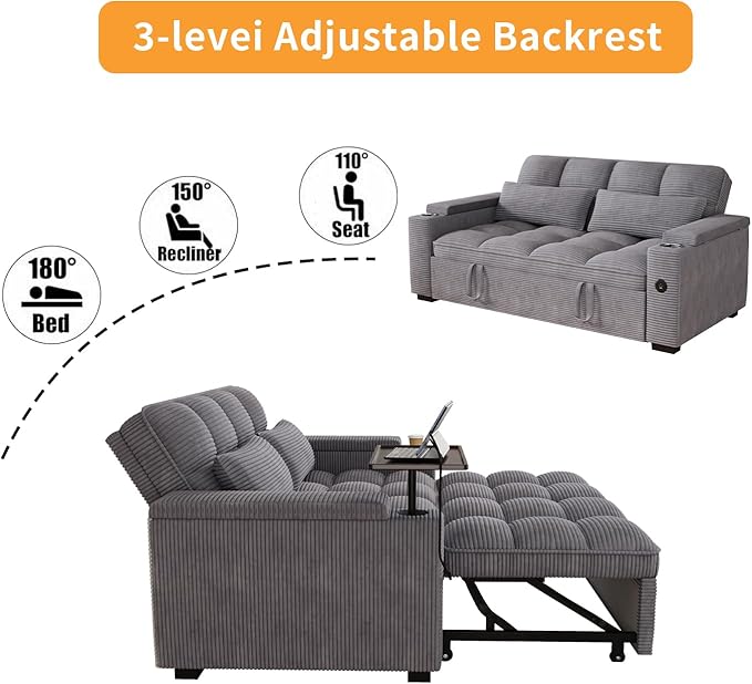65" Sofa Bed, Loveseat 3-in-1 Sleeper Sofa with Pull Out Bed, 360° Swivel Side Table and USB, 2 Seater Convertible Small Couch for Living Room Apartment (Gray, Corduroy)