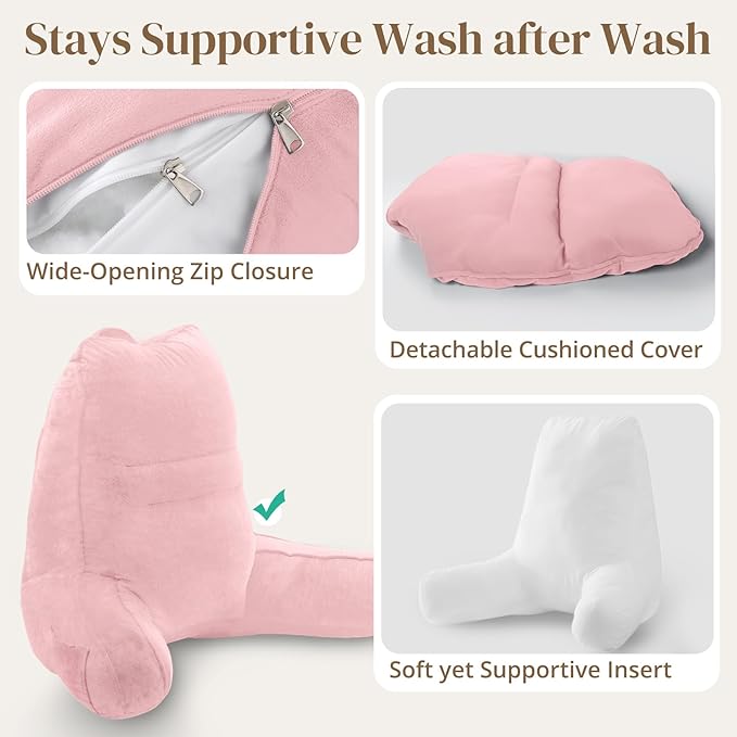 Sasttie Reading Pillow, Pillows for Reading or Relaxing – Ergonomic Support for Head, Neck, Back, and Lumbar, 21-Inch, Light Pink