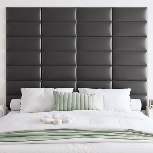 IFNOW Wall Mounted Upholstered Headboard Queen, 3D Peel and Stick Soundproof Panels, Reusable and Removable Padded Leather Bed Headboard, 9 Panels 9.84" x 23.62", Black