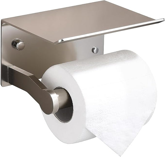 Toilet Paper Holder with Shelf - 3M Self Adhesive Tissue Towel Dispenser or Wall Mounted Toilet Paper Roll Holder - Rustproof Bathroom Phone Holder Tissue Holder Brushed Nickel