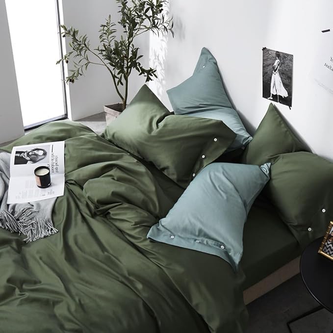 VM VOUGEMARKET Sateen Cotton Duvet Cover Queen,3pcs Dark Army Green Bedding Set for Hot Sleeper,Soft Siky Breathable Duvet Cover with Zipper Closure (Olive Green,Queen)