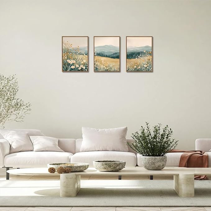 KISSFOX 3 Piece Framed Wall Art Floral Wall Decor Landscape Pictures Mountain Canvas Art Daisy Wildflower Paintings Modern Farmhouse Artwork For Bedroom Bathroom Living Room