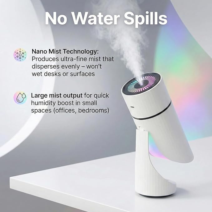 Mini Humidifier USB Rechargeable Desktop Humidifier with Night Light & Timer Quiet Personal Cool Mist for Bedroom, Office, Travel & Car, Ich Dekor