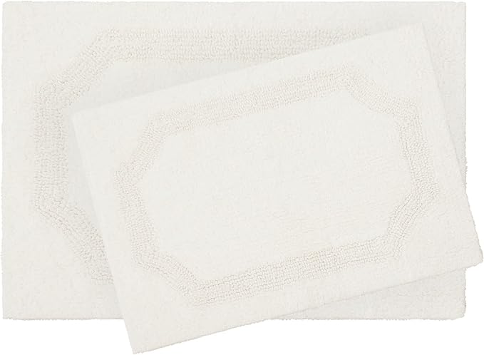 Laura Ashley - Reversible Cotton Bath Mat, Premium Bathroom Décor, Machine Washable Bathroom Rug, Highly Absorbent, 17"x24"/20"x32" 2-Piece Set, White