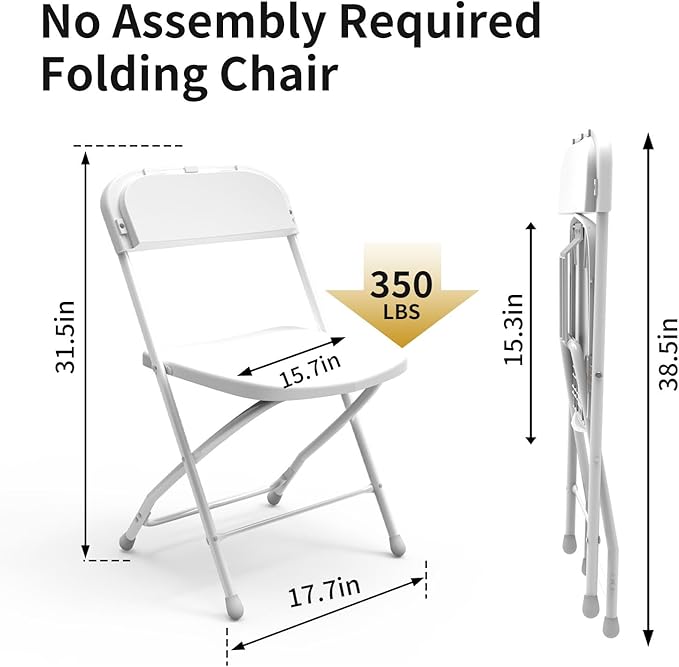SHGJ&SOFT Set of 20 Folding Chairs, Plastic Seat and Backrest, White Metal Frame Chair, Suitable for Indoor and Outdoor,Capacity 350 lbs (White, 20-Pack)