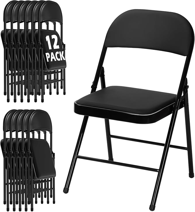 12 Pack Black Folding Chairs with Padded Cushion for Outside, Portable Stackable Commercial Metal Foldable Chairs with Steel Frame for Home Events Office Wedding Party, 350lbs Capacity