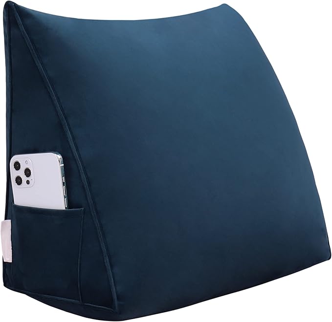 Wedge Headboard Bolster Pillow Reading Pillows for Sitting in Bed Adult，Small Velvet Triangular Cushion Backrest Lumbar Back Support Upholstered Daybed Sit Up Book Pillows（Darkblue, Small）