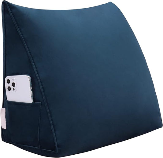 Wedge Headboard Bolster Pillow Reading Pillows for Sitting in Bed Adult，Small Velvet Triangular Cushion Backrest Lumbar Back Support Upholstered Daybed Sit Up Book Pillows（Darkblue, Small）