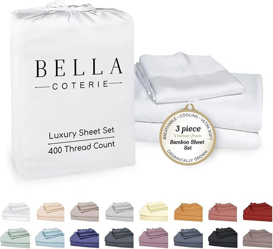 Bella Coterie Luxury Bamboo Viscose Twin Size Sheet Set | 100% Organically Grown | Ultra Soft | Cooling for Hot Sleepers | 18" Deep Pocket [White]