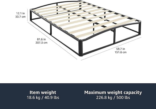 Amazon Basics Metal Platform Bed Frame with Wood Slat Support, 10 Inches High, Queen, Black
