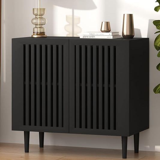 CHUWELL Farmhouse Storage Cabinet, 31.5" Buffet Cabinet with 2 Doors and Adjustable Shelf, Sideboard Coffee Bar with Solid Wood Feet for Kitchen,Dining Room,Living Room,Black