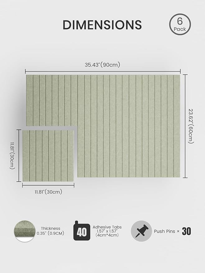 Bumusty Large Cork Board Alternative-36 x24 Felt Bulletin Board Tiles, with 30 Pushpins, 40 Adhesive Tabs, 6-Pack Slat Wall Paneling, Cork Boards for Office Push Pin Board Felt Board-Sage