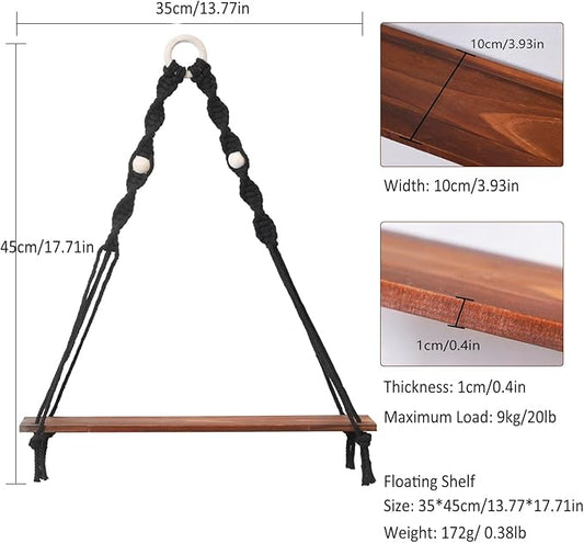 Artilady Macrame Black Floating Shelf - Boho Wooden Wall Shelves Hanging Decor, Rustic Hanging Storage Rack Hand Woven Plant Shelf Decor for Bedroom Living Room Nursery Dorm Room