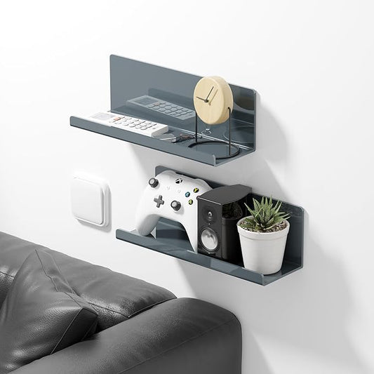 Adhesive Floating Shelves for Wall No Drilling, 12 Inch Acrylic Self Adhesive Shelves, Stick on Shelves, Dorm Wall Shelf, for Bathroom, Kitchen, Bedroom, Office, Gaming Room, Gray