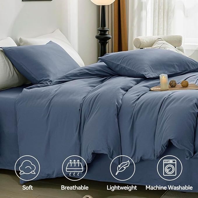 JELLYMONI Blue Duvet Cover Full Size - 100% Washed Cotton Linen Like Textured Comforter Cover, 3 Pieces Breathable Soft Bedding Set with Zipper Closure (Blue, Full 80"x90")