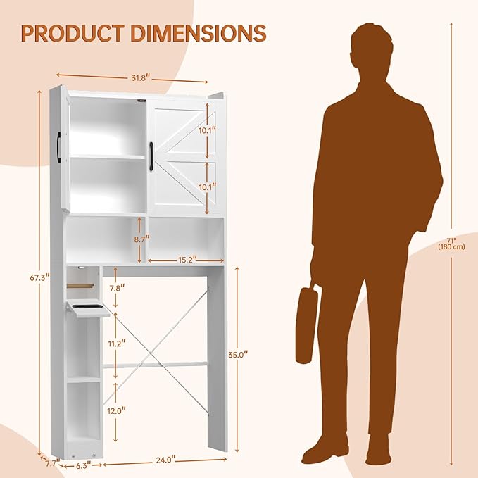 FURSUN 32" W Over The Toilet Storage Cabinet with Metal Frame, Bathroom Organizer with Adjustable Shelves and Paper Holder, 7 Storage Shelves, Farmhouse Storage Cabinet for Bathroom, Laundry, White