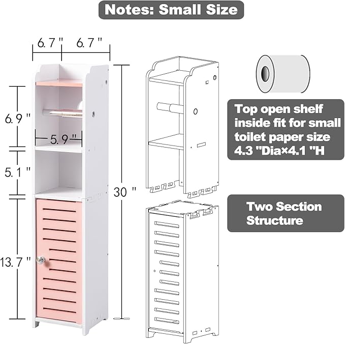 AOJEZOR Toilet Paper Holder Stand: Small Bathroom Storage Cabinet - Rose Dawn - White