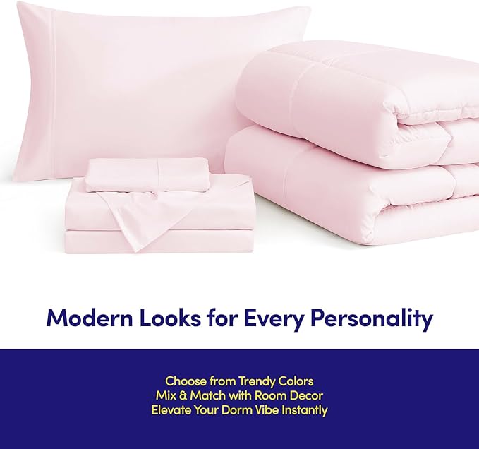 Dorm Room Essentials College Bedding Comforter Set 5 Piece Twin XL Size Bed in a Bag for College Students Boys and Girls, Twin XL, Pale Pink