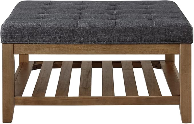 24KF Large Square Upholstered Tufted Linen Ottoman Coffee Table, Large Footrest Ottoman with Solid Wood Shelf- Charcoal