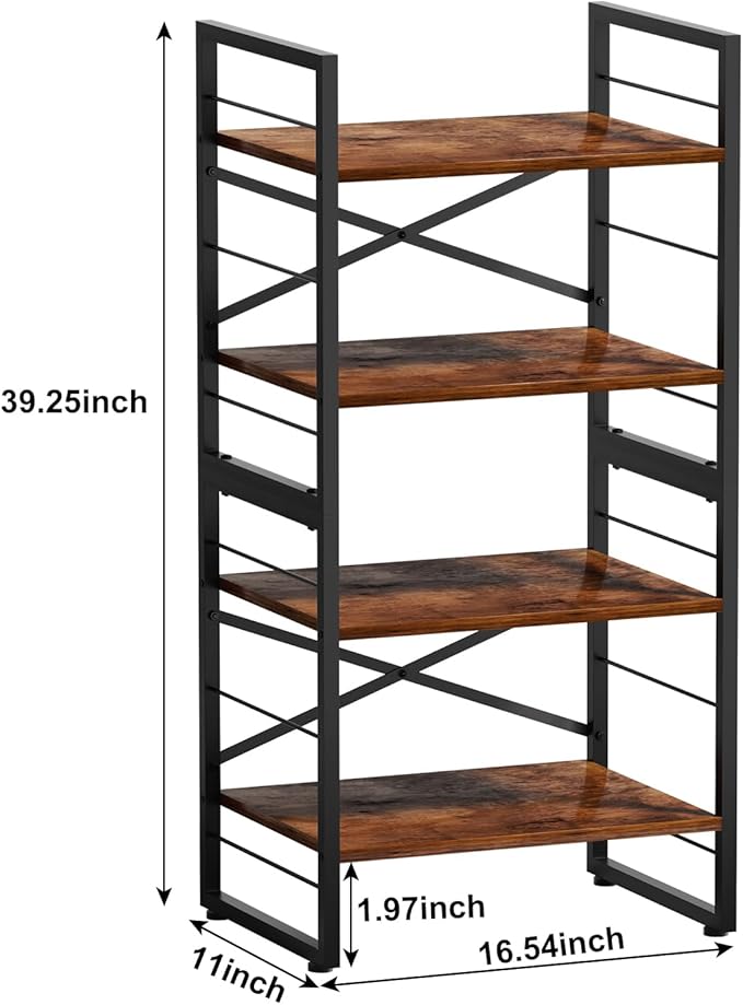 4-Tier Small Bookshelf, Compact Metal & Wood Bookcase for Small Spaces, Open Storage Shelves with Adjustable Feet, Easy Assembly, 11.2" D x 16.4" W x 31.9" H (Black)