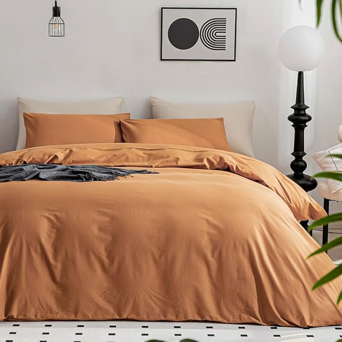 JELLYMONI Cotton Duvet Cover King Size - 100% Washed Cotton Linen Like Textured Comforter Cover, 3 Pieces Breathable Soft Bedding Set with Zipper Closure (Burnt Orange, King 104"x90")