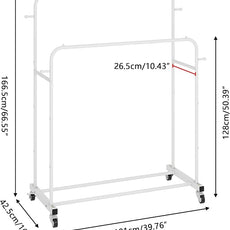 Laiensia Double Rods Garment Rack with Wheels, Clothing Rack for Hanging Clothes,4 Hooks, Multi-functional Bedroom Clothes Rack, White