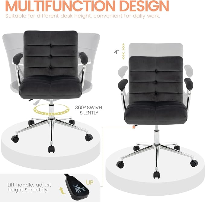 Velvet Home Office Desk Chair, Upholstered Adjustable Swivel Task Chair with Wheels, Tufted Mid-Back Computer Chair with Arms, for Study Living Room Vanity (Dark Grey)