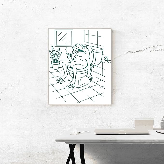 Jatinoo Funny Frog Bathroom Art Framed Canvas - 11.5x15 Inch Meme Wall Decor for Women Men, Cute Aesthetic Frog Decor, Funky Unique Bathroom Pictures for Forest Western Theme