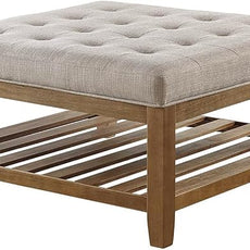 24KF Large Square Upholstered Tufted Linen Ottoman Coffee Table, Large Footrest Ottoman with Solid Wood Shelf-Linen