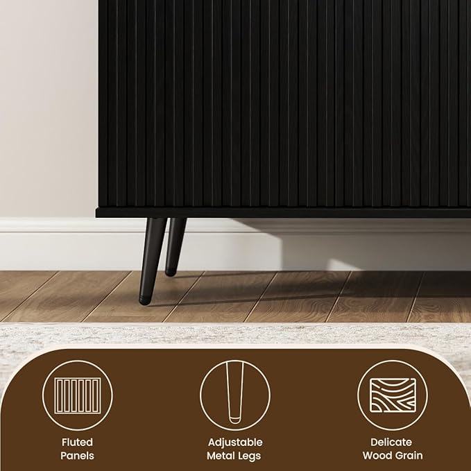 COCO DESIGN 61" Buffet Sideboard with Fluted Panel Doors, Power Outlet & Adjustable Shelves, Storage Cabinet with Metal Legs, Modern Farmhouse Console for Kitchen Dining Living Room Entryway, Black