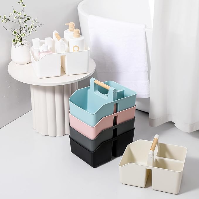 rejomiik Portable Shower Caddy Basket with Bamboo Handle, Plastic Cleaning Caddy Bathroom Organizer Tote for College Dorm Essentials, Bath Toy Storage, Dark Gray