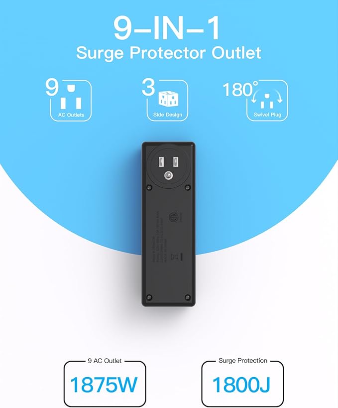 Surge Protector Outlet Extender with Rotating Plug, 9 AC Multi Plug Wall Outlet Expander, 1800J Wall Charger, 3-Sided Power Strip Electrical Plug Adapter Outlet Splitter for Home Office Dorm - Black