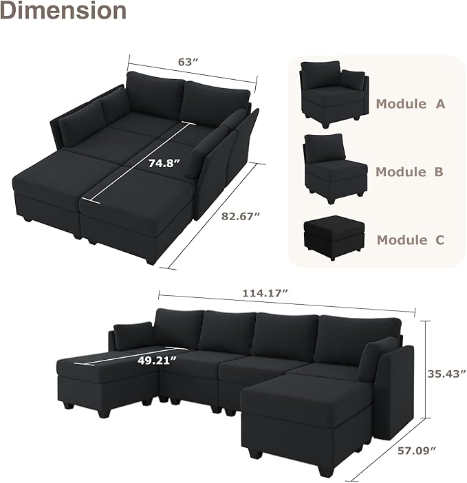 114.17" Modular Sectional Sofa, 6 Seat Sectional Couches with Storage, Memory Foam, Convertible Modular Couch for Living Room, U Shaped Comfy Modular Sofa with Chaise, Black