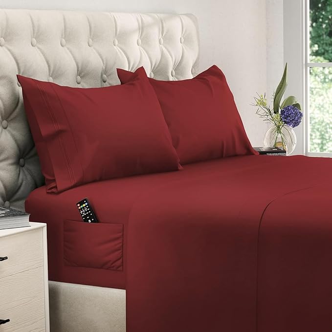 DREAMCARE California King Sheet Sets – 4 pcs Cooling Sheets – up to 21” Deep Cal King Sheets – Hotel Luxury Pillowcases – Superior Softness 100% Fine Microfiber with Side Pocket –Burgundy DREAMCARE