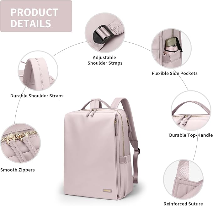 GOLF SUPAGS Stylish Laptop Backpack for Women Airline Approved Perfect for Work College and Travel Multi-Functional Casual Daypack Fits 15.6 Inch Notebook (Pinkish Grey)