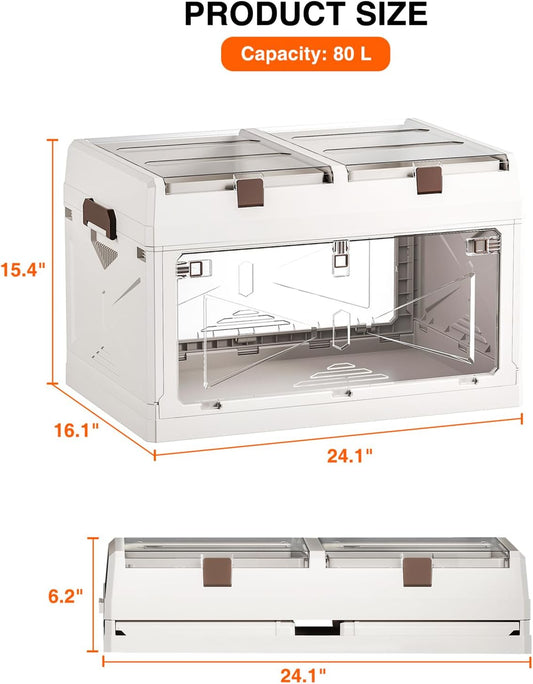 Closet Organizer and Storage Box, Large Essential Collapsible Plastic Car Trunk Container with Clear Lids and Doors, Open Front Multifunctional Stackable Bin for Bedroom, Dorm Room, Craft 80 L