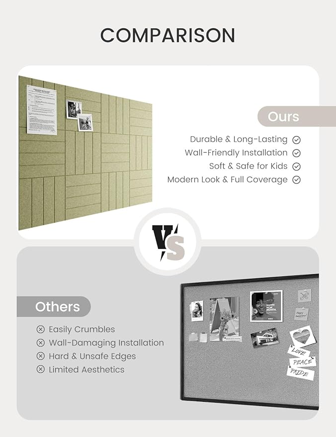 Bumusty Large Cork Board Alternative-47 x35 Felt Bulletin Board Tiles, with 30 Pushpins, 70 Adhesive Tabs, 12-Pack Slat Wall Paneling, Cork Boards for Office Push Pin Board Felt Board-Olive Green