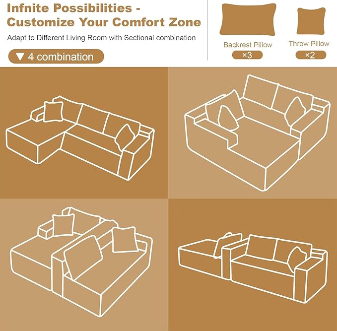 96" Sectional Couches for Living Room Modern Modular Sofa with L-Shape Couchs Upholstered Boneless Couch Deep Seat Sectional Couch with Chaise (Camel, 96" Left Facing Chaise+2Seaters)