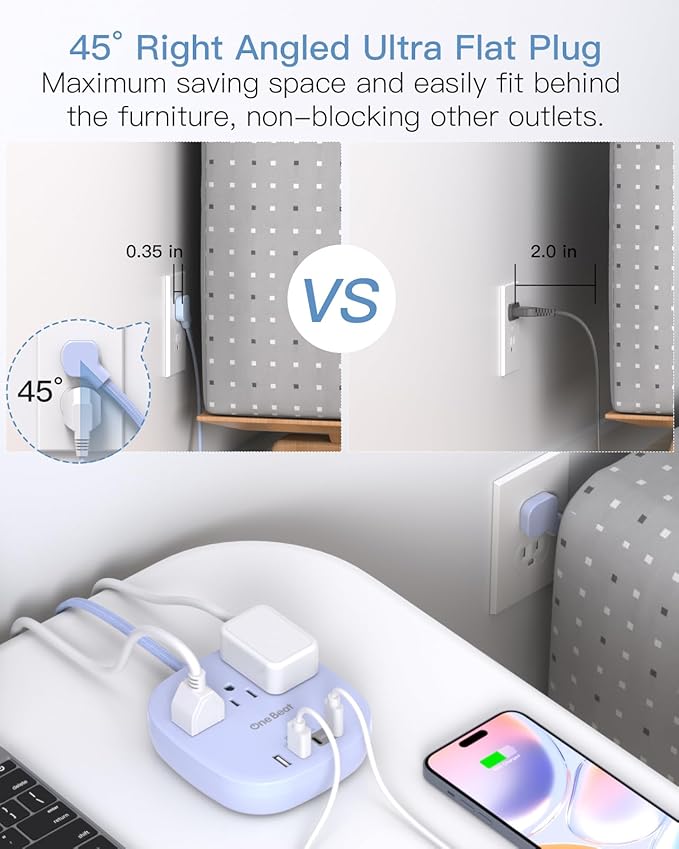 10Ft Flat Plug Power Strip, Purple Flat Extension Cord - 3 Outlets 4 USB Ports (2 USB C) Desktop Charging Station, Cruise Ship Power Strip with No Surge Protection for Travel, Dorm Room Essentials